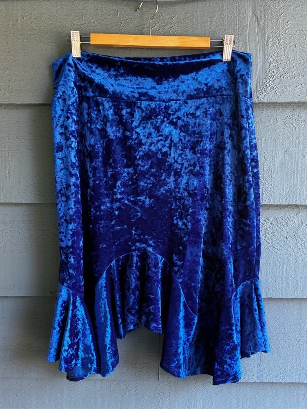 Fashion Nova Curve High Waist Crushed Blue Velvet/Velour Ruffled Flamenco Skirt